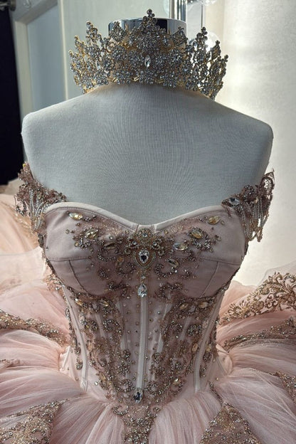 Gorgeous Pink Strapless Tulle Long Ball Gown Sweet Appliques Rhinestone Beadings 16th Birthday Dress Cute Quinceanera Dress DH2738