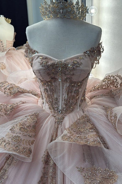 Gorgeous Pink Strapless Tulle Long Ball Gown Sweet Appliques Rhinestone Beadings 16th Birthday Dress Cute Quinceanera Dress DH2738