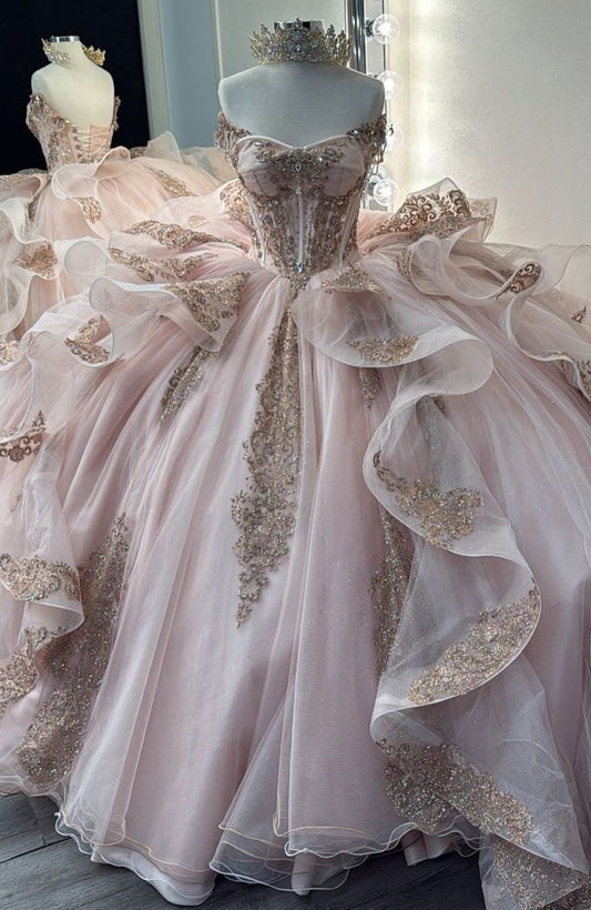 Gorgeous Pink Strapless Tulle Long Ball Gown Sweet Appliques Rhinestone Beadings 16th Birthday Dress Cute Quinceanera Dress DH2738