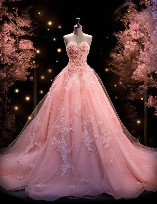 Gorgeous Pink Sweetheart Tulle Long Ball Gown Sweet  Applique 16th Birthday Dress Cute Beaded Quinceanera Dress DH2739