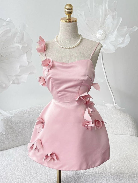 Trendy A Line Spaghetti Straps Blush Pink Satin Mini Short Formal 8th Grade Homecoming Dresses Summer Middle School Hoco Dress Homecoming Outfits DH274