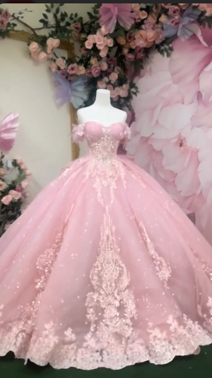 Gorgeous Pink Off-the-shoulder Tulle Long Ball Gown Sweet Applique Beaded 16th Birthday Dress Cute Quinceanera Dress DH2740