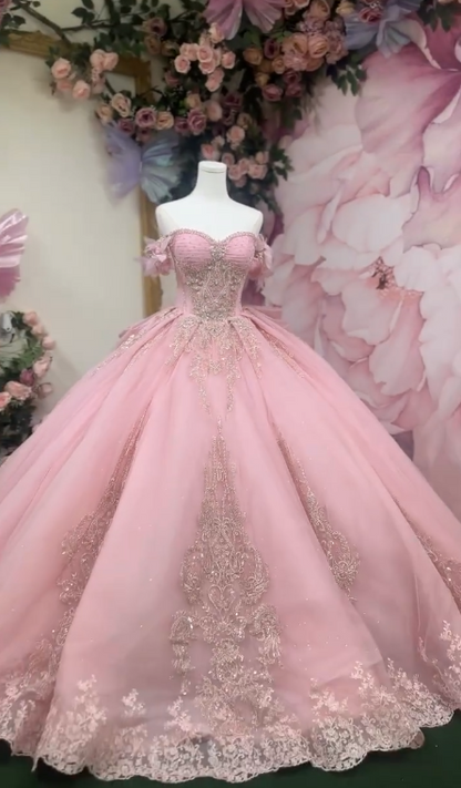 Gorgeous Pink Off-the-shoulder Tulle Long Ball Gown Sweet Applique Beaded 16th Birthday Dress Cute Quinceanera Dress DH2740
