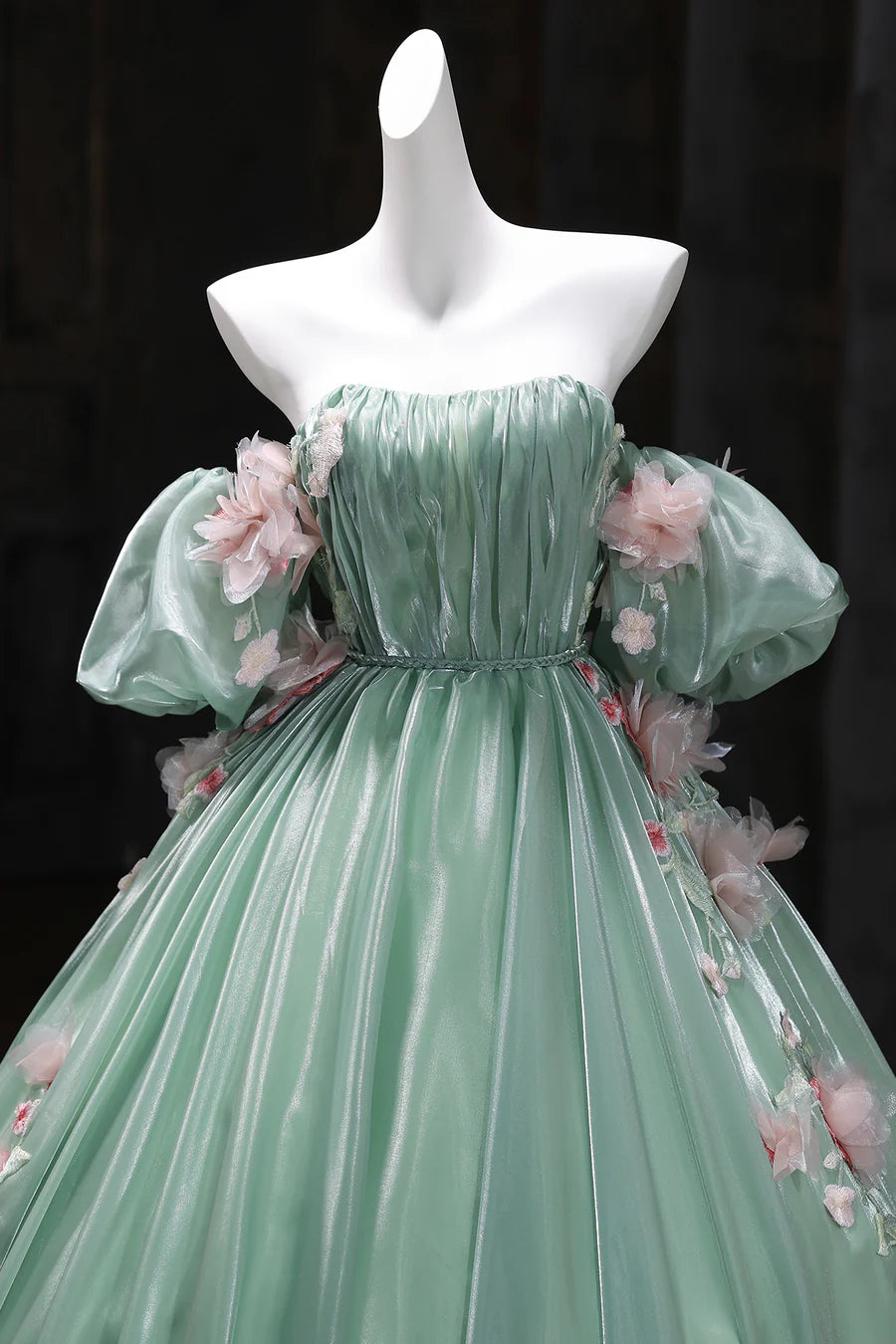 Gorgeous Green Off-the-Shoulder Tulle Long Ball Gown Sweet Flower 16th Birthday Dress Cute Quinceanera Dress DH2741