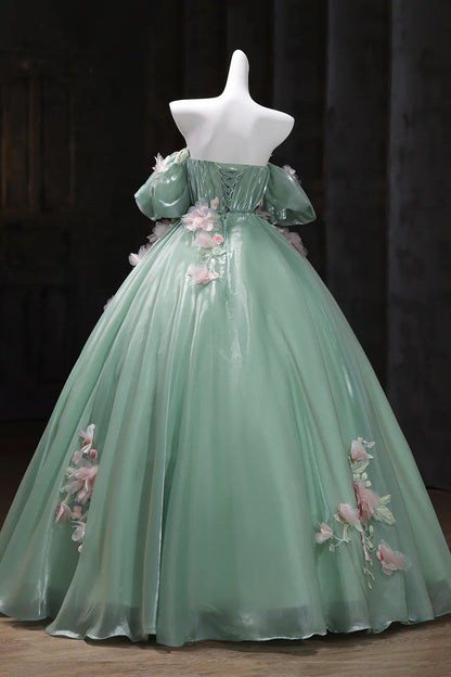 Gorgeous Green Off-the-Shoulder Tulle Long Ball Gown Sweet Flower 16th Birthday Dress Cute Quinceanera Dress DH2741