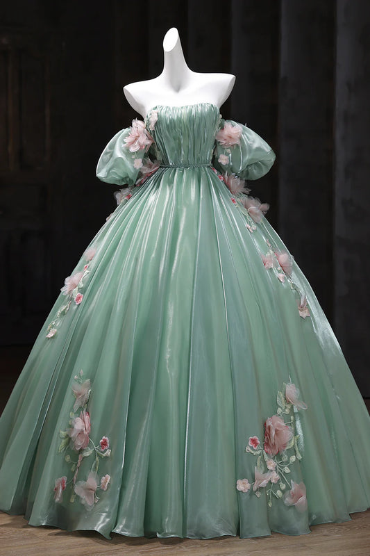 Gorgeous Green Off-the-Shoulder Tulle Long Ball Gown Sweet Flower 16th Birthday Dress Cute Quinceanera Dress DH2741