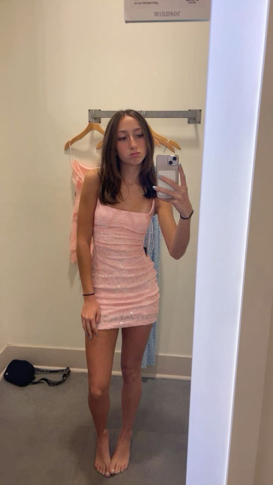 Cute Sheath Spaghetti Straps Pink Sequin Short Formal Homecoming Dresses Party Graduation Dress Hoco Dresses DH2742