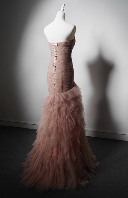 Modest Pink Mermaid Evening Gowns Tulle Tiered Sweetheart Neck Long Prom Dress Graduation Dress DH2742