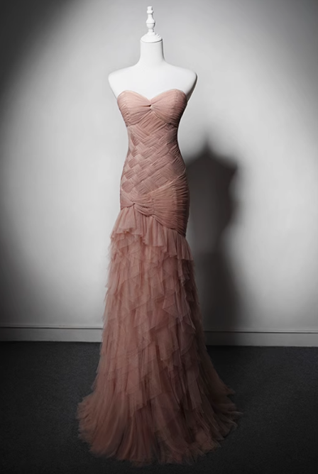 Modest Pink Mermaid Evening Gowns Tulle Tiered Sweetheart Neck Long Prom Dress Graduation Dress DH2742