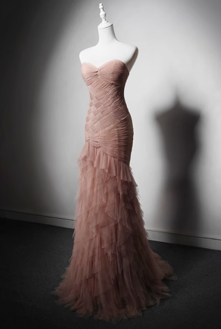 Modest Pink Mermaid Evening Gowns Tulle Tiered Sweetheart Neck Long Prom Dress Graduation Dress DH2742