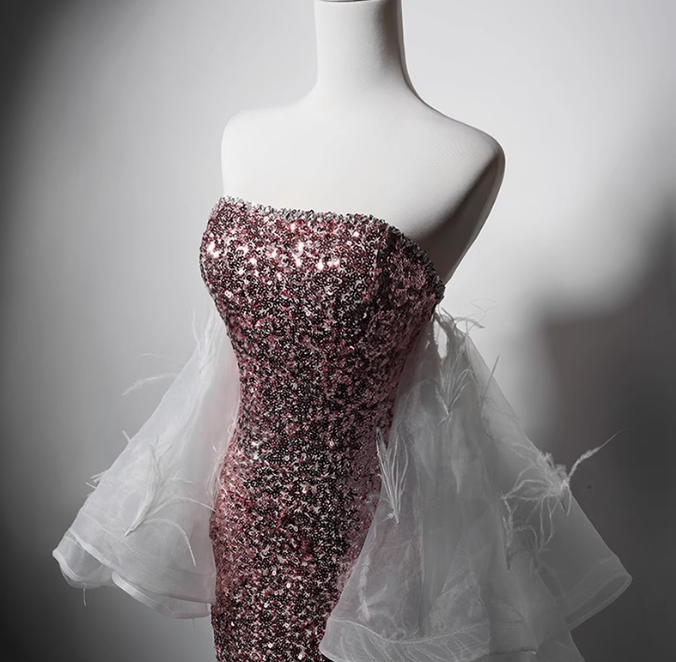 Modest Pink Mermaid Evening Gowns Strapless Slit Long Prom Dress Sparkly Sequins Graduation Dress DH2743