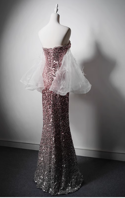 Modest Pink Mermaid Evening Gowns Strapless Slit Long Prom Dress Sparkly Sequins Graduation Dress DH2743
