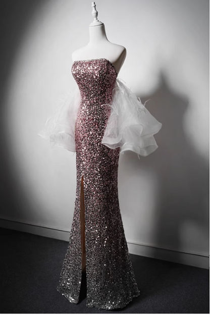 Modest Pink Mermaid Evening Gowns Strapless Slit Long Prom Dress Sparkly Sequins Graduation Dress DH2743