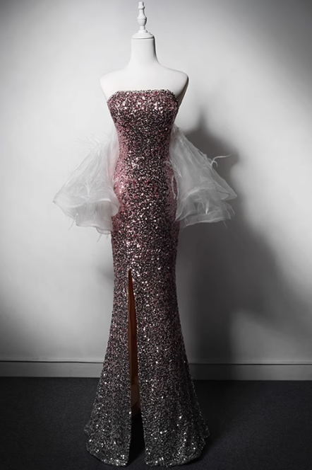 Modest Pink Mermaid Evening Gowns Strapless Slit Long Prom Dress Sparkly Sequins Graduation Dress DH2743