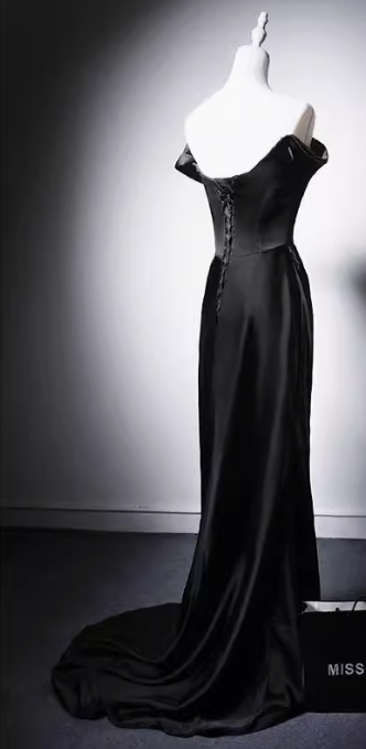 Modest Black Mermaid Evening Gowns Off-the-shoulder Satin Long Prom Dress Elegant 22nd Birthday Dress DH2744