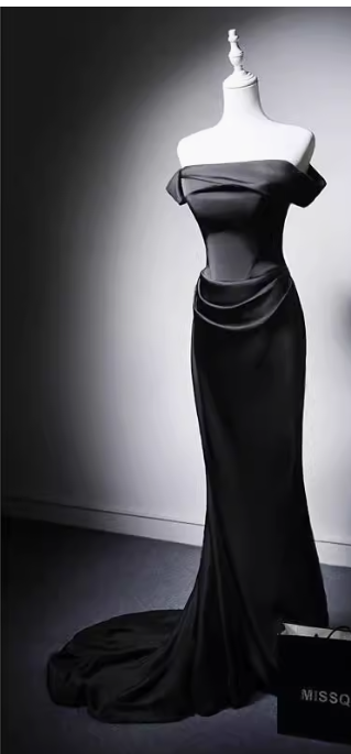 Modest Black Mermaid Evening Gowns Off-the-shoulder Satin Long Prom Dress Elegant 22nd Birthday Dress DH2744