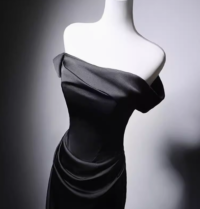 Modest Black Mermaid Evening Gowns Off-the-shoulder Satin Long Prom Dress Elegant 22nd Birthday Dress DH2744