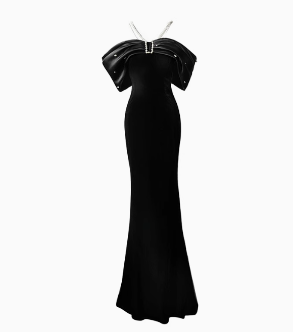 Elegant Black Mermaid Evening Gowns Off-the-shoulder Satin Long Prom Dress Modest Sleeveless Formal Dress DH2745