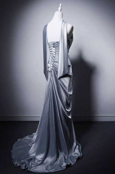 Elegant Light Gray Blue Mermaid Evening Gowns Strapless Satin Long Prom Dress Modest Sleeveless Formal Dress with Scarf DH2746