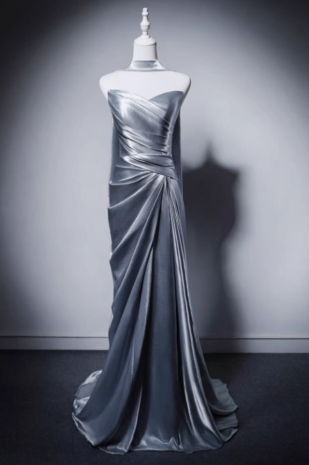 Elegant Light Gray Blue Mermaid Evening Gowns Strapless Satin Long Prom Dress Modest Sleeveless Formal Dress with Scarf DH2746