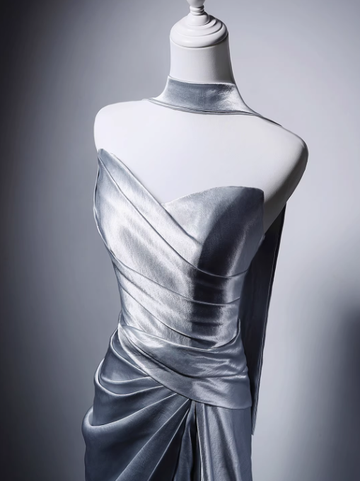 Elegant Light Gray Blue Mermaid Evening Gowns Strapless Satin Long Prom Dress Modest Sleeveless Formal Dress with Scarf DH2746