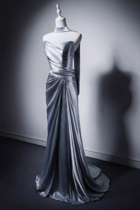 Elegant Light Gray Blue Mermaid Evening Gowns Strapless Satin Long Prom Dress Modest Sleeveless Formal Dress with Scarf DH2746