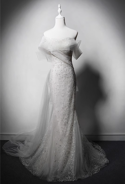 Elegant White Mermaid Evening Gowns Off-the-shoulder Tulle Long Prom Dress Modest Sleeveless Formal Dress DH2747