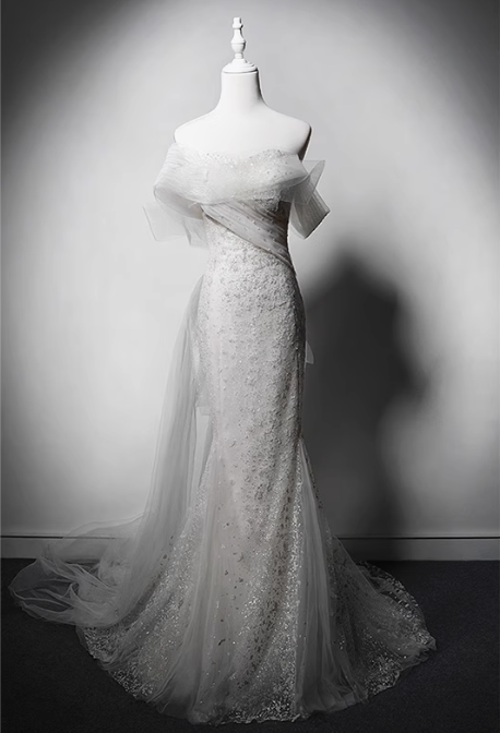 Elegant White Mermaid Evening Gowns Off-the-shoulder Tulle Long Prom Dress Modest Sleeveless Formal Dress DH2747