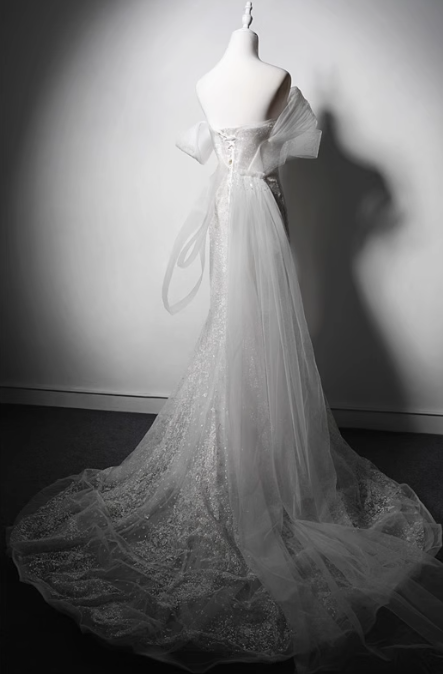 Elegant White Mermaid Evening Gowns Off-the-shoulder Tulle Long Prom Dress Modest Sleeveless Formal Dress DH2747