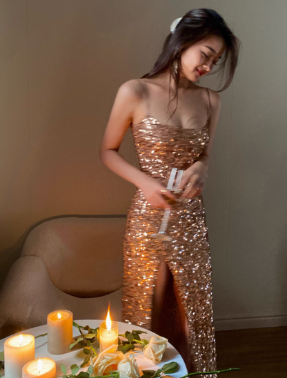 Sparkly Gold Spaghetti Strap Long Evening Gown Sheath 18th Birthday Dress Elegant Sequins Formal Dress Party Dress  DH2753