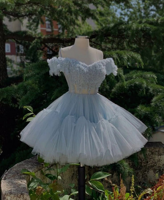 Pretty Ball Gown Off The Shoulder Light Sky Blue Short Formal 8th Grade Homecoming Dresses Summer Middle School Hoco Dress Homecoming Outfits DH277