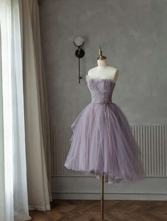 Cute Ball Gown Strapless Lilac Tulle 8th Grade Dance Dresses Middle School Grad Outfits Homecoming Dresses Short Mini Hoco Dress DH289