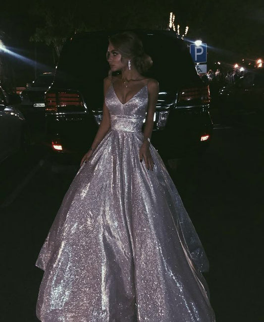 Sparkly Ball Gown Spaghetti Straps Sequin White Sleeveless Long Evening Party Gowns Evening Dress Special Formal Dresses Prom Dress DH319
