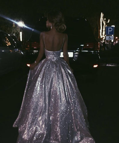 Sparkly Ball Gown Spaghetti Straps Sequin White Sleeveless Long Evening Party Gowns Evening Dress Special Formal Dresses Prom Dress DH319