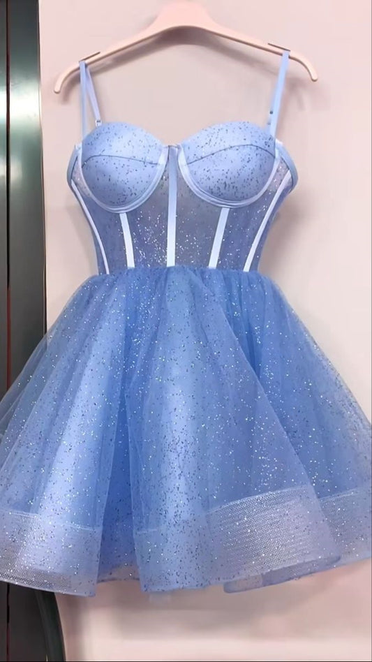 Vintage Ball Gown Spaghetti Straps Blue Sequin Formal 8th Grade Homecoming Dresses Middle School Hoco Dress 6th Grade Graduation Outfits DH337