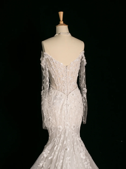 Robe de mariée chic sirène épaules dénudées blanche manches longues en dentelle longue robe de mariée vintage robes de mariée robe de mariée DH387