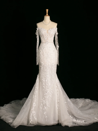 Robe de mariée chic sirène épaules dénudées blanche manches longues en dentelle longue robe de mariée vintage robes de mariée robe de mariée DH387