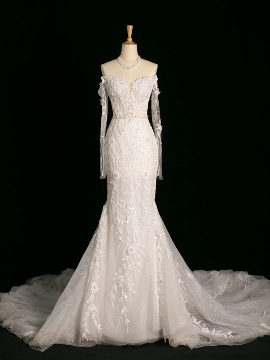 Robe de mariée chic sirène épaules dénudées blanche manches longues en dentelle longue robe de mariée vintage robes de mariée robe de mariée DH387