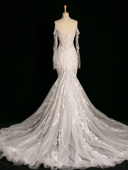 Robe de mariée chic sirène épaules dénudées blanche manches longues en dentelle longue robe de mariée vintage robes de mariée robe de mariée DH387