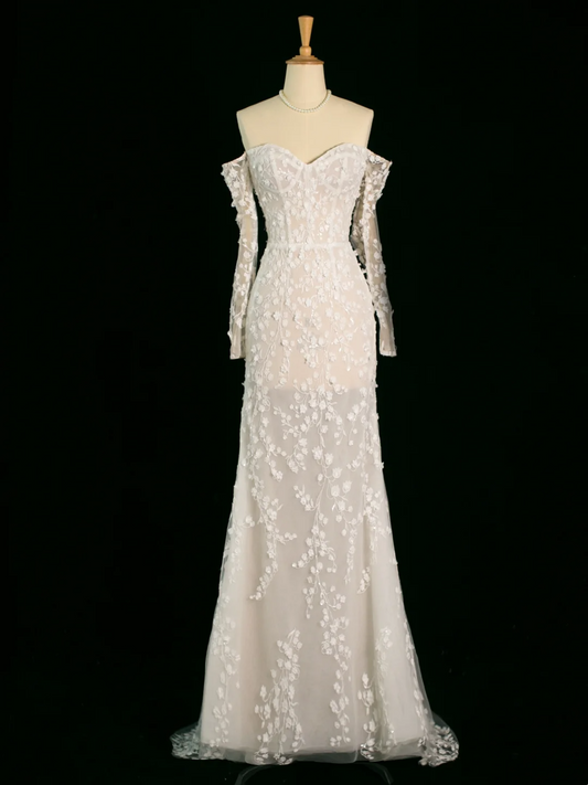 Robe de mariée chic sirène épaules dénudées blanche manches longues en dentelle longue robe de mariée vintage robes de mariée robe de mariée DH393