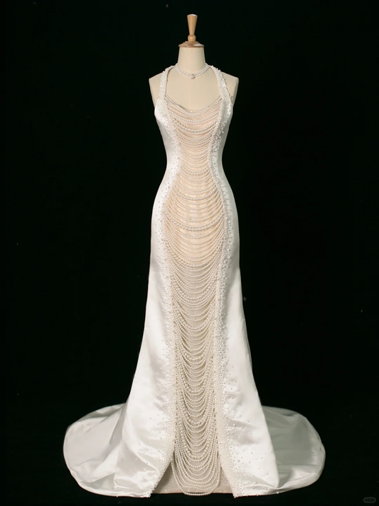 Robe de mariée chic sirène dos nu en satin blanc sans manches, longue robe de mariée vintage, robe de mariée DH394