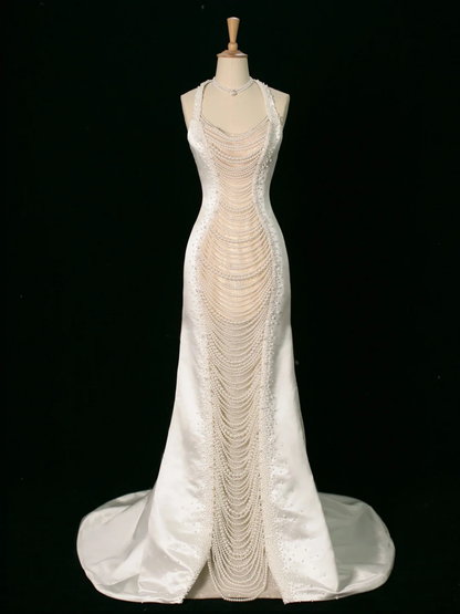Robe de mariée chic sirène dos nu en satin blanc sans manches, longue robe de mariée vintage, robe de mariée DH394