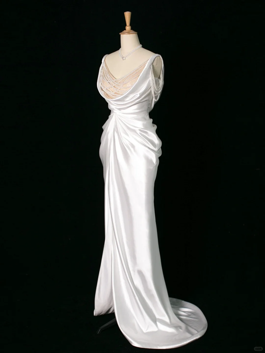 Robe de mariée chic sirène à bretelles en satin blanc sans manches, longue robe de mariée vintage, robe de mariée DH395