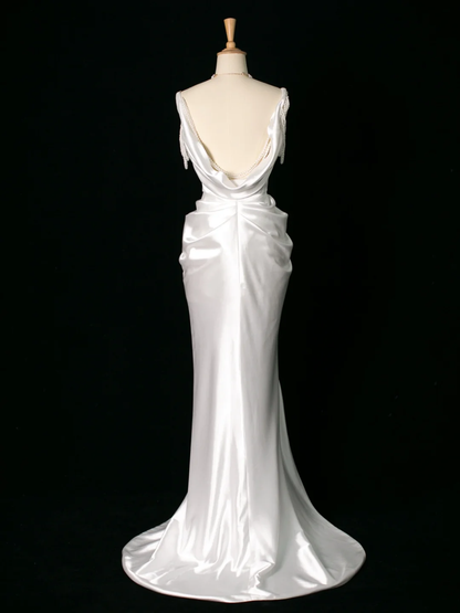 Robe de mariée chic sirène à bretelles en satin blanc sans manches, longue robe de mariée vintage, robe de mariée DH395