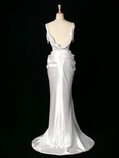 Robe de mariée chic sirène à bretelles en satin blanc sans manches, longue robe de mariée vintage, robe de mariée DH395