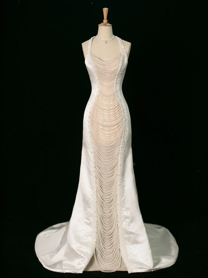 Robe de mariée chic sirène dos nu en satin blanc sans manches, longue robe de mariée vintage, robe de mariée DH394