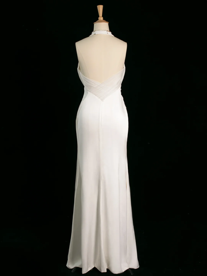 Robe de mariée chic sirène dos nu en mousseline blanche sans manches, longue robe de mariée vintage, robe de mariée DH398