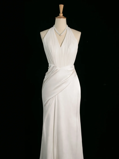 Robe de mariée chic sirène dos nu en mousseline blanche sans manches, longue robe de mariée vintage, robe de mariée DH398