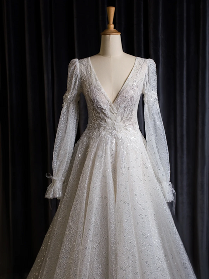 Vintage Wedding Dress A line V Neck White Long Sleeves Sequin Long Wedding Dresses Bridal Gowns Brides Gown DH402