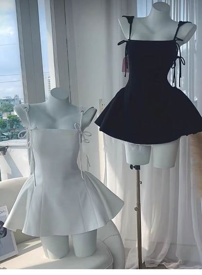 Trendy A Line Spaghetti Straps White Black Satin Mini Short Formal 8th Grade Homecoming Dresses Summer Middle School Hoco Dress Homecoming Outfits DH421